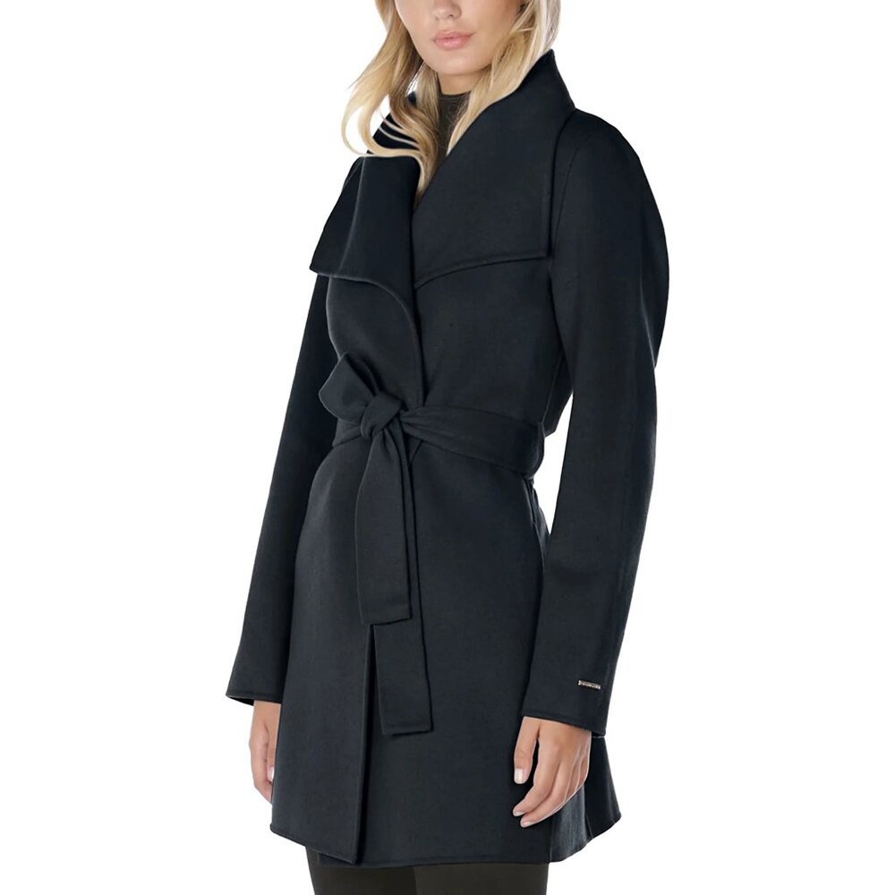 Tahari Ella Women's Lightweight Double Face Wool Wrap Coat Tie Belt Size L New
